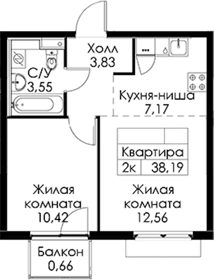 1-комнатная квартира 38.19 м², 8/15 эт., ЖК «Заречный парк»